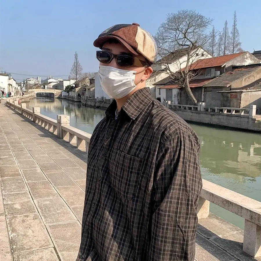 Men's Plaid Beret Hat with Face Mask