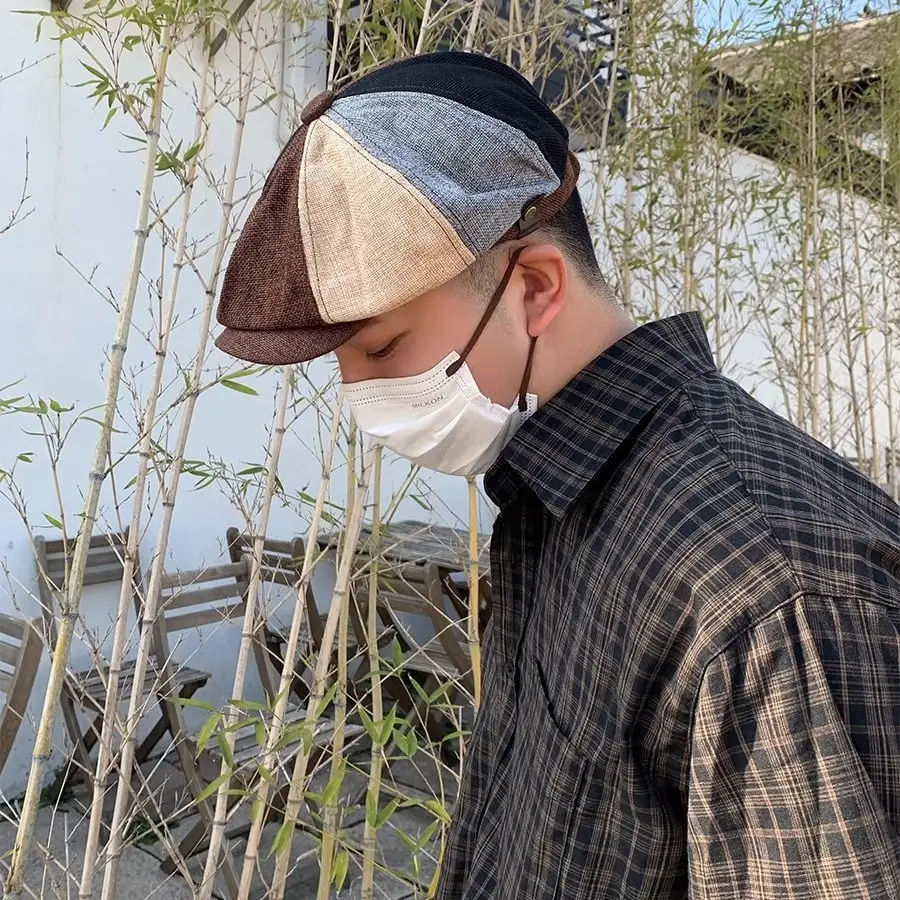 Men's Plaid Beret Hat with Face Mask