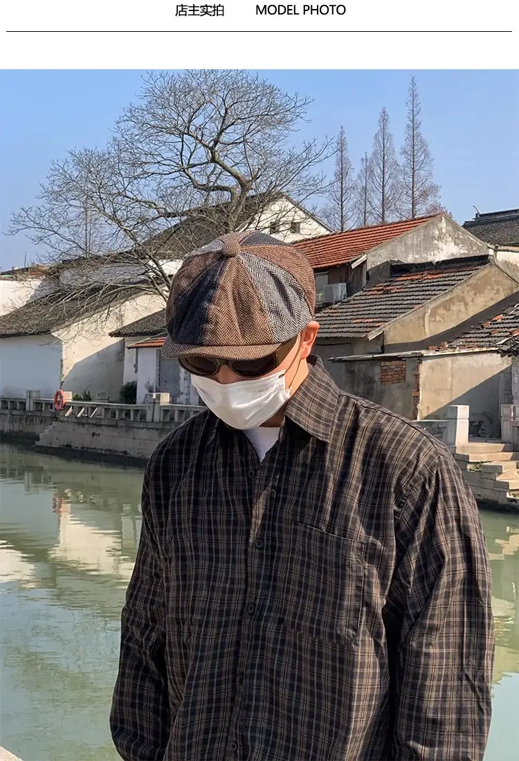 Men's Plaid Beret Hat with Face Mask — feature 2
