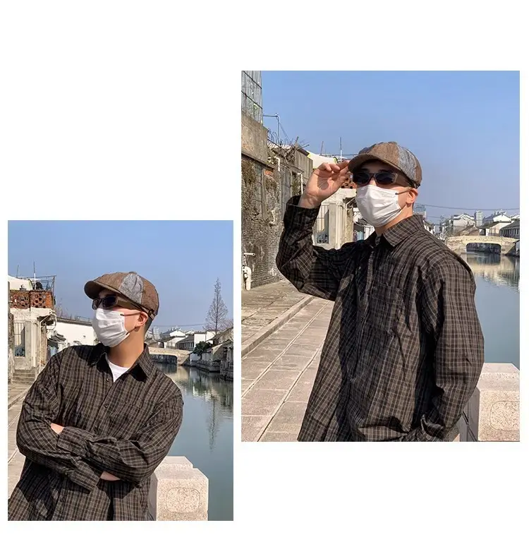 Men's Plaid Beret Hat with Face Mask — feature 3