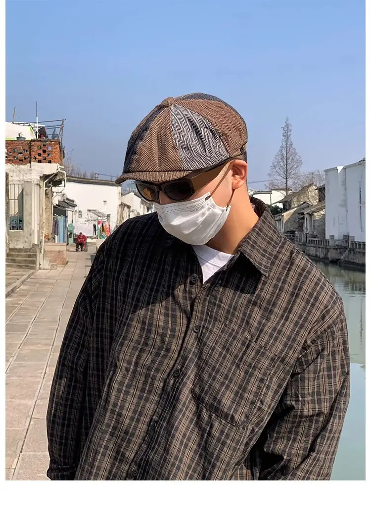 Men's Plaid Beret Hat with Face Mask — feature 4