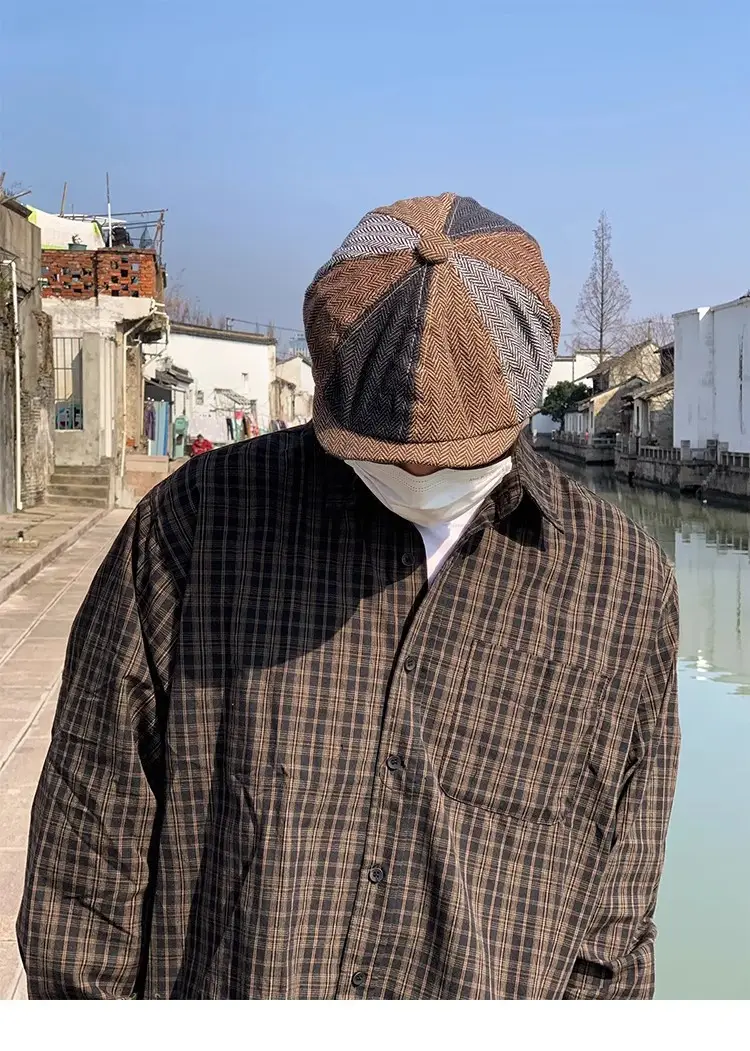 Men's Plaid Beret Hat with Face Mask — feature 5