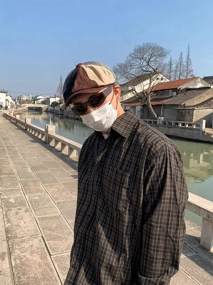 Men's Plaid Beret Hat with Face Mask — feature 7