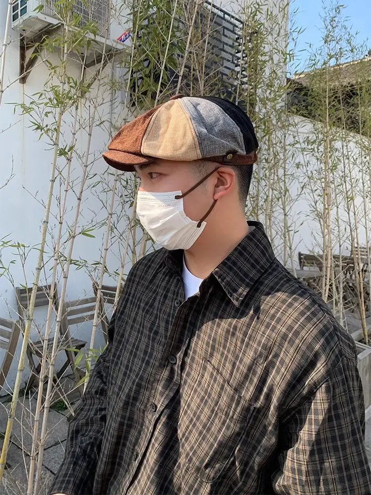Men's Plaid Beret Hat with Face Mask — feature 9