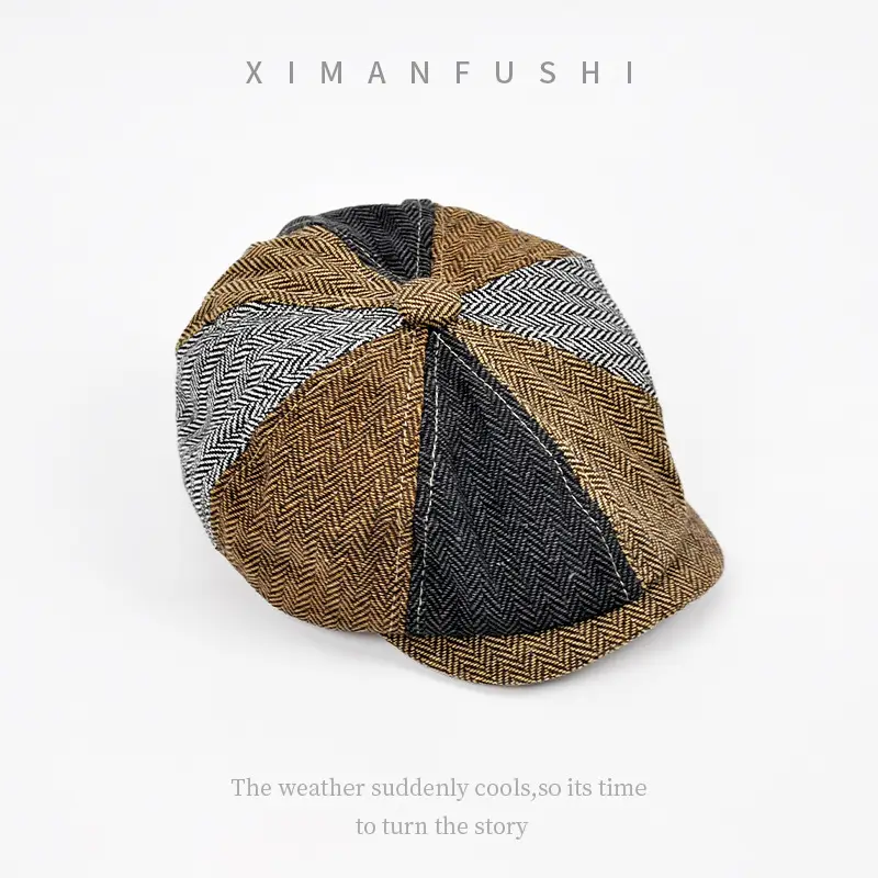 Men's Plaid Beret Hat with Face Mask