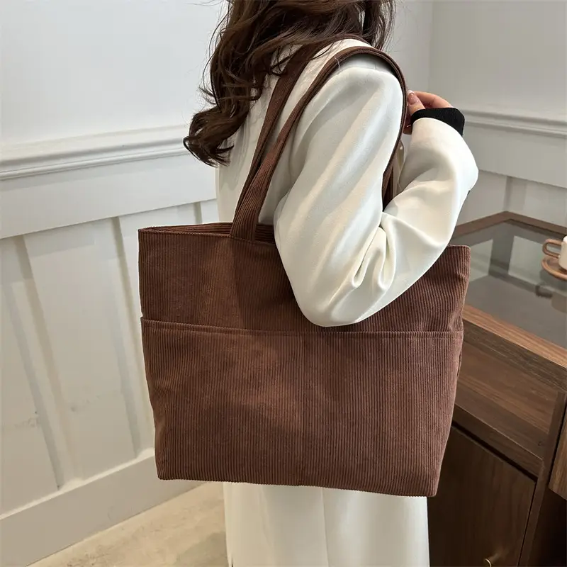Brown Corduroy Canvas Student Shoulder Bag Large Capacity - Image 8