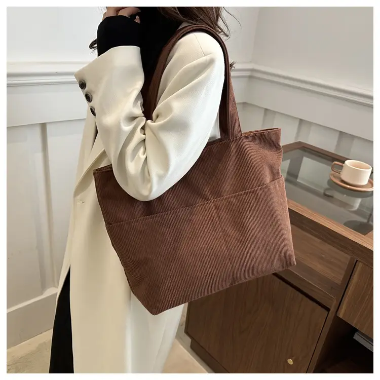 Brown Corduroy Canvas Student Shoulder Bag Large Capacity — feature 18