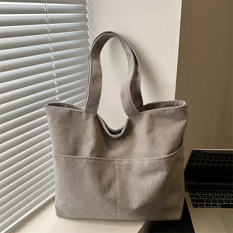 Brown Corduroy Canvas Student Shoulder Bag Large Capacity - Image 3