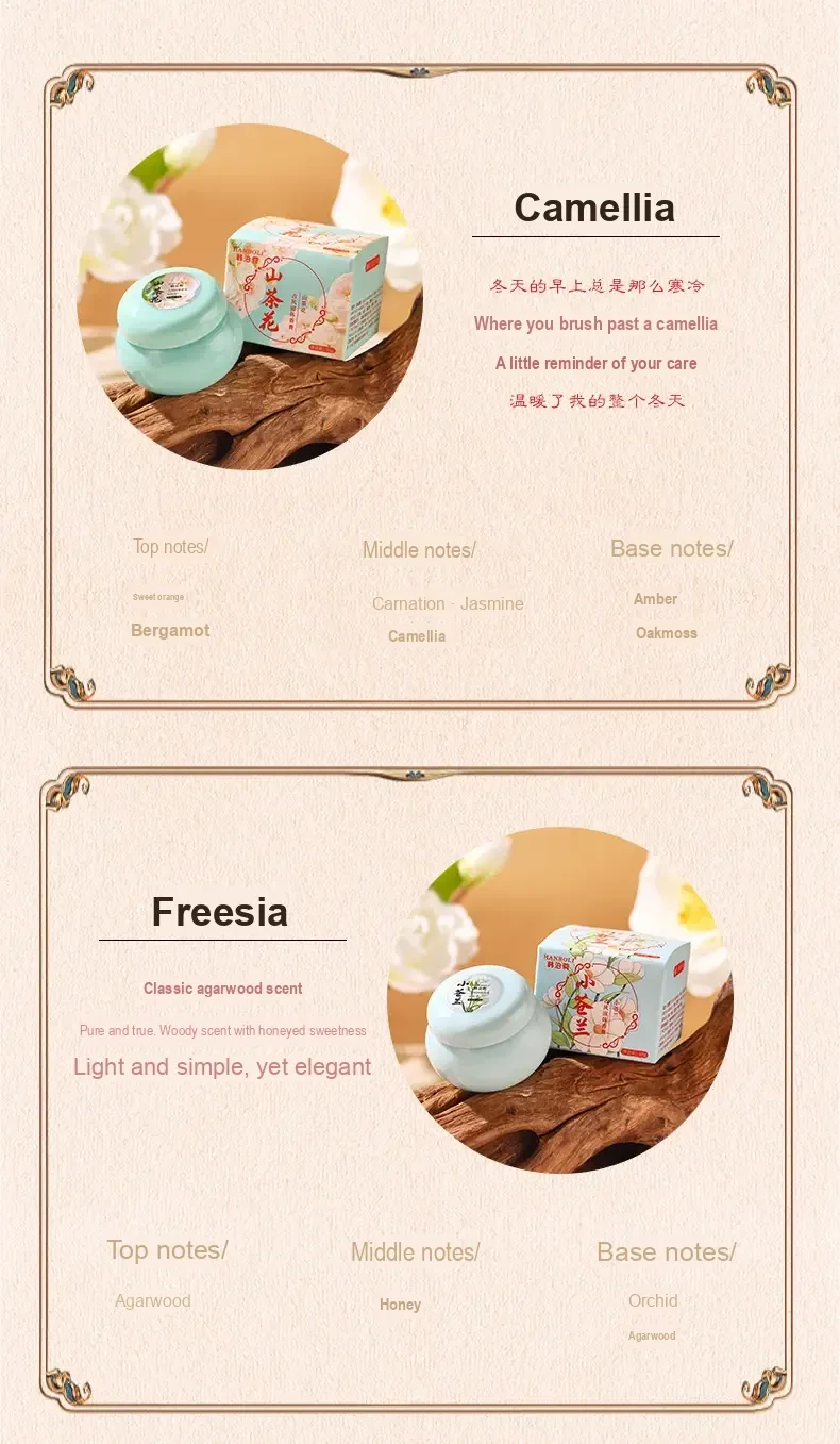 Panels introducing camellia and freesia scent options with their balm pots and boxes.