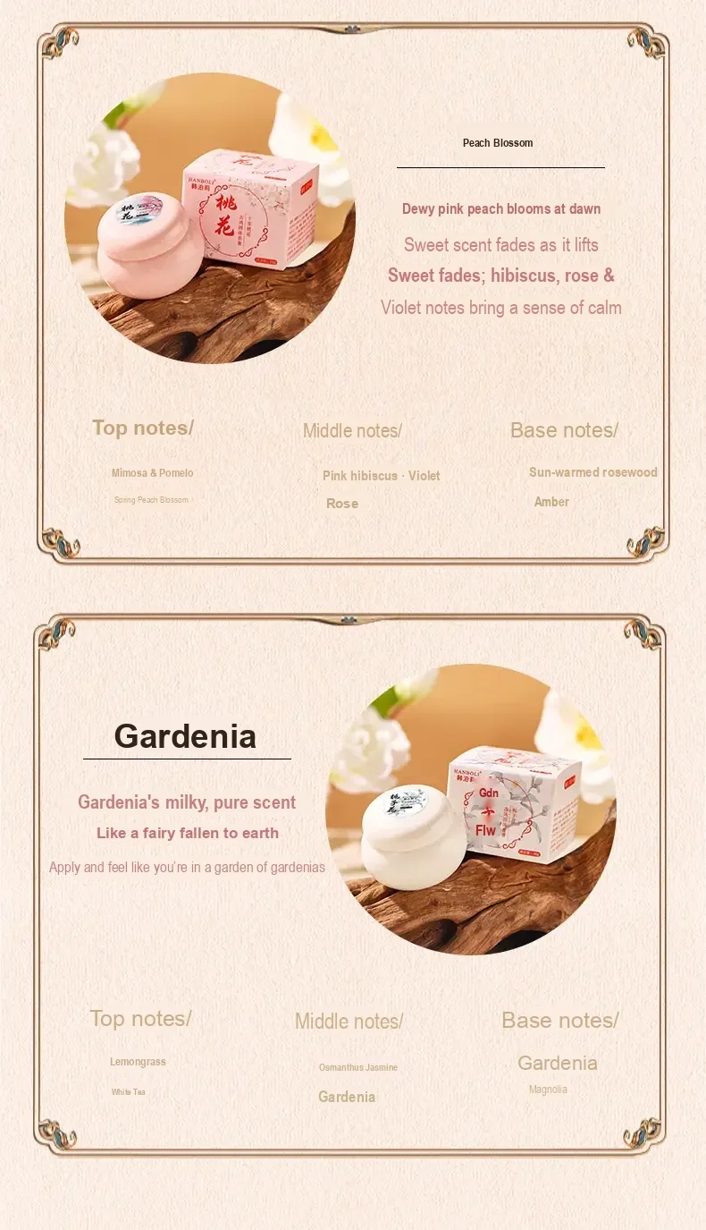 Panels introducing peach blossom and gardenia scents with their balm pots and boxes.