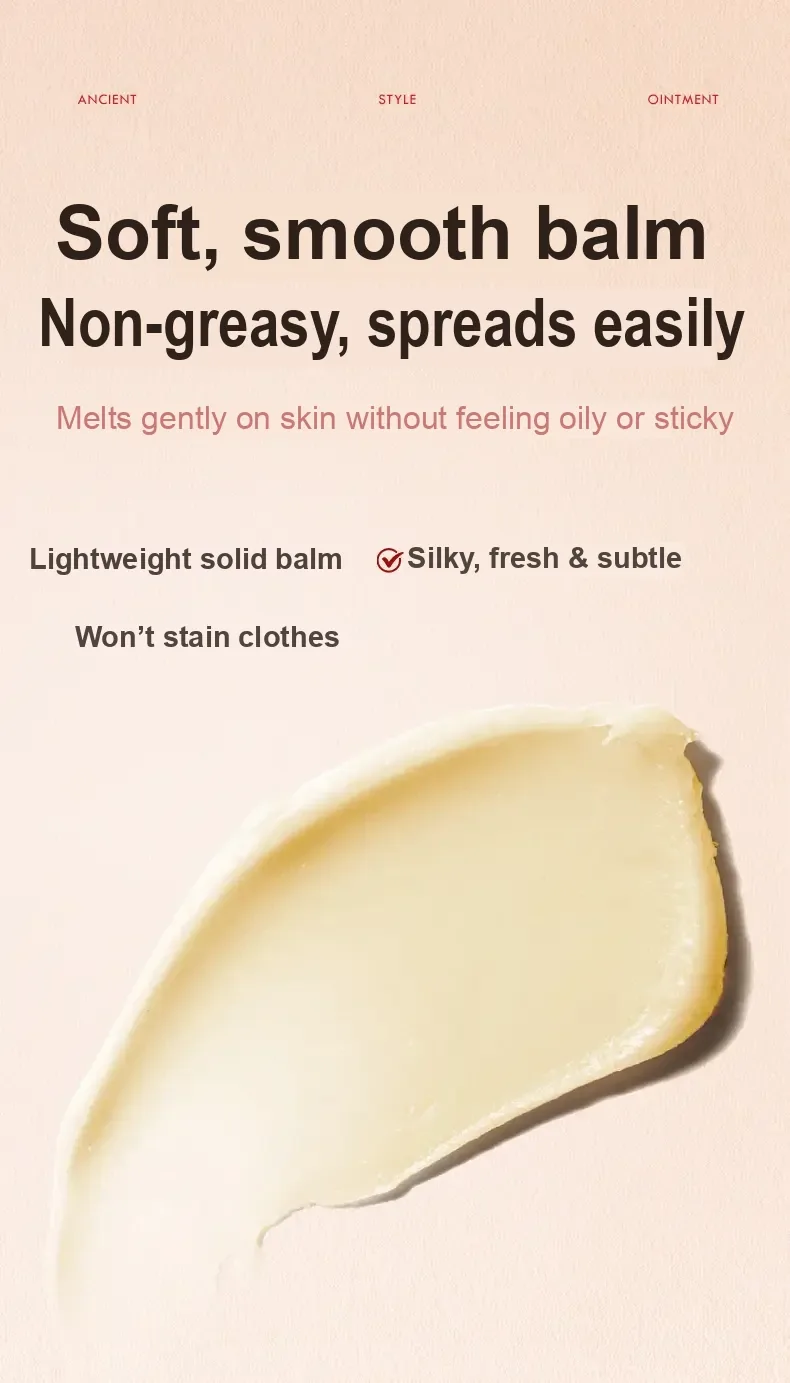 Close-up of pale solid balm texture with text describing its feel.