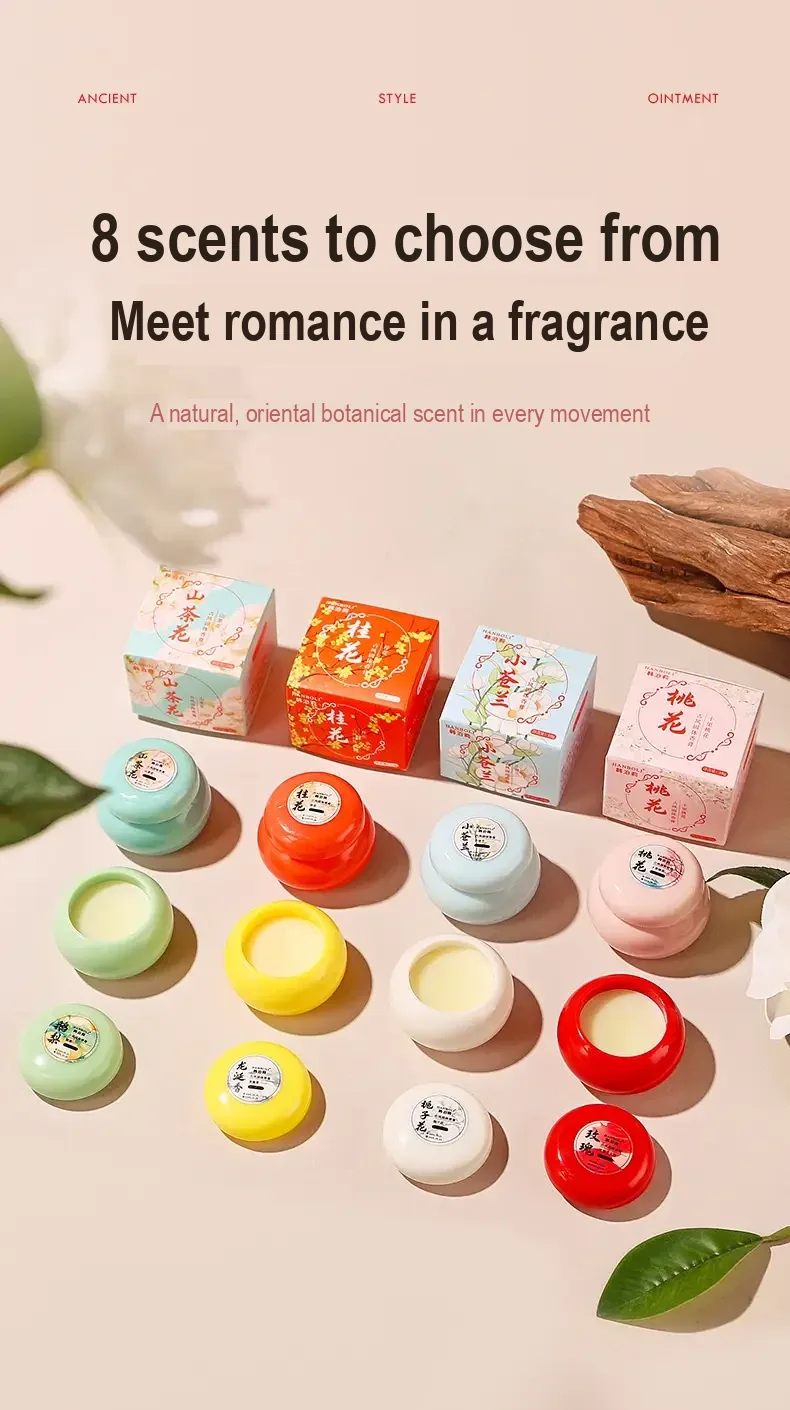 Eight scent options shown as coloured pots and individual boxes.