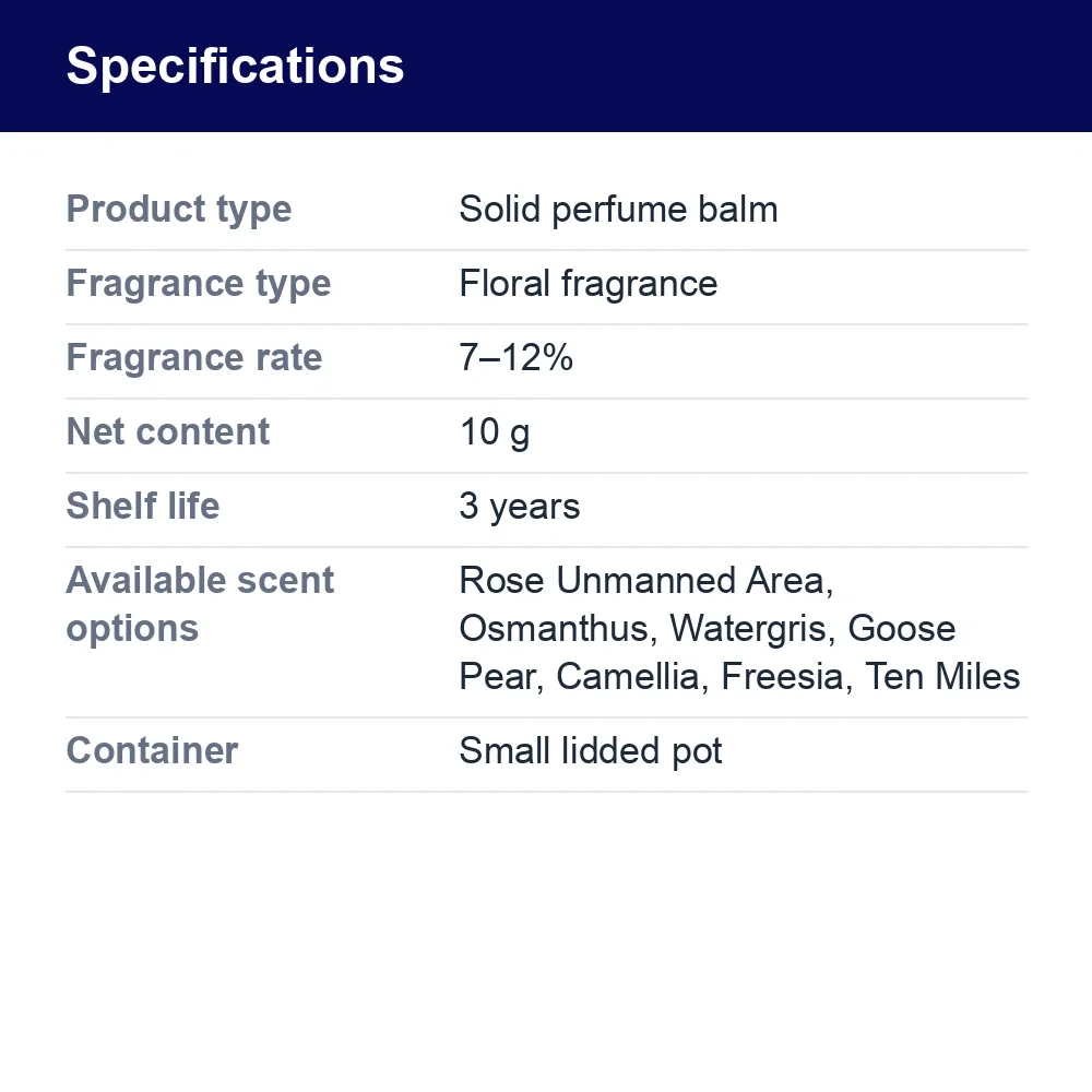 Solid Perfume Balm – 8 Floral Scent Options – specifications