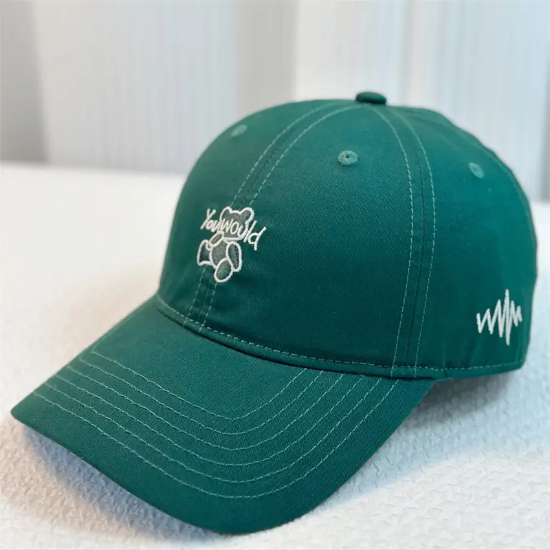 Green Bear Embroidered Baseball Cap with Heartbeat Design