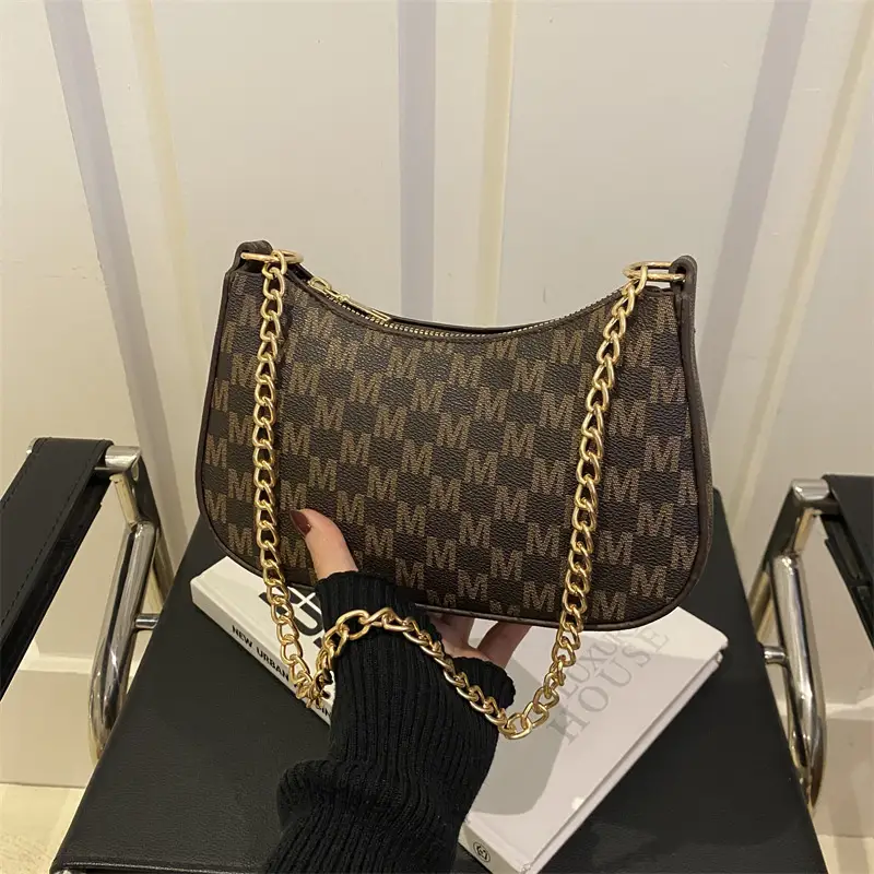 High-End Brown Monogram Shoulder Bag with Gold Chain - Image 8