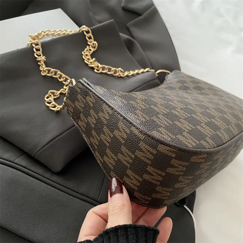 High-End Brown Monogram Shoulder Bag with Gold Chain - Image 9