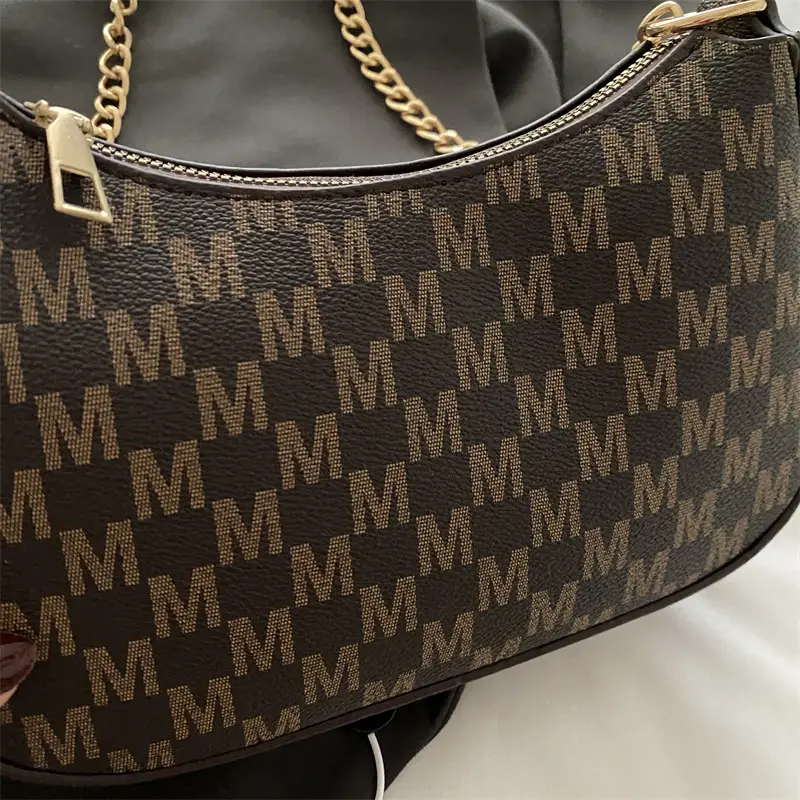 High-End Brown Monogram Shoulder Bag with Gold Chain - Image 10