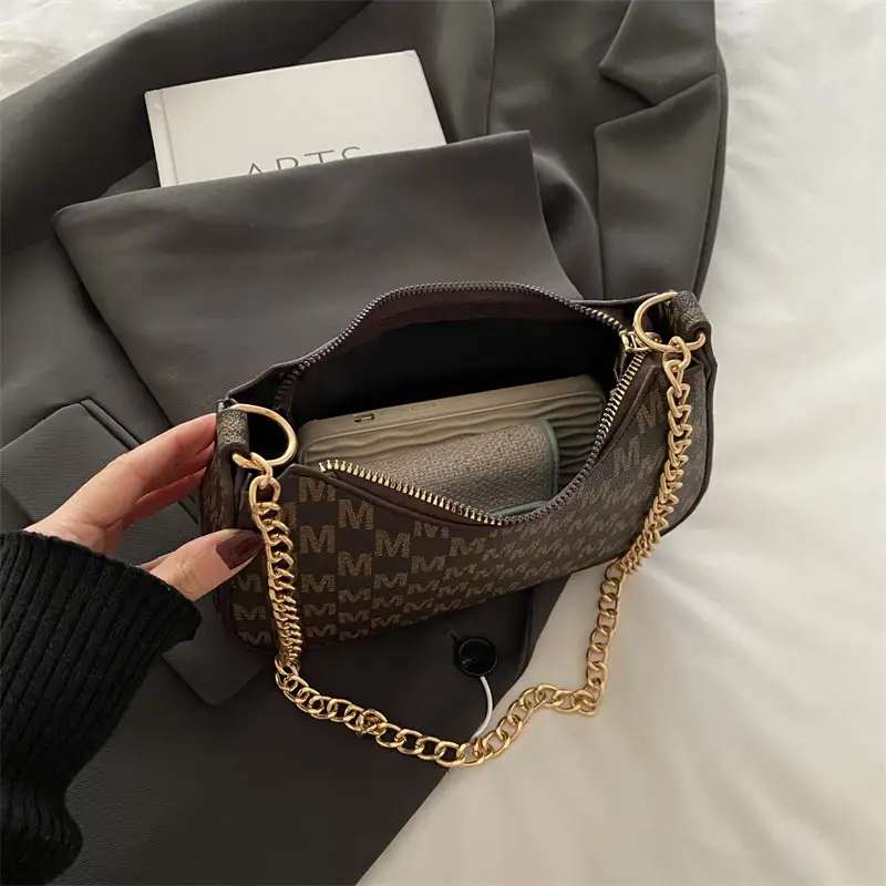 High-End Brown Monogram Shoulder Bag with Gold Chain - Image 11