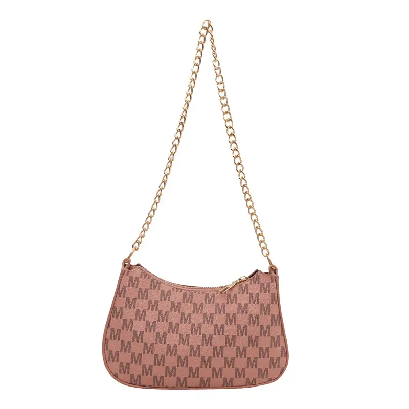 High-End Brown Monogram Shoulder Bag with Gold Chain - Image 4