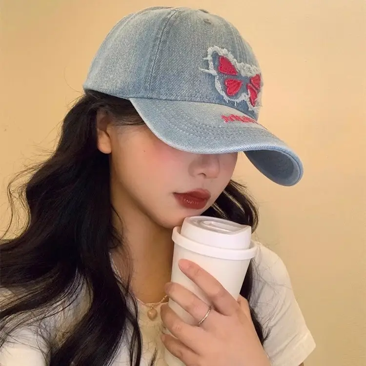 Butterfly Patch Cap Women Wide Brim Wash Denim - Image 9