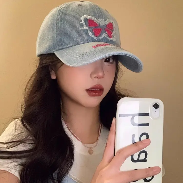 Butterfly Patch Cap Women Wide Brim Wash Denim - Image 10