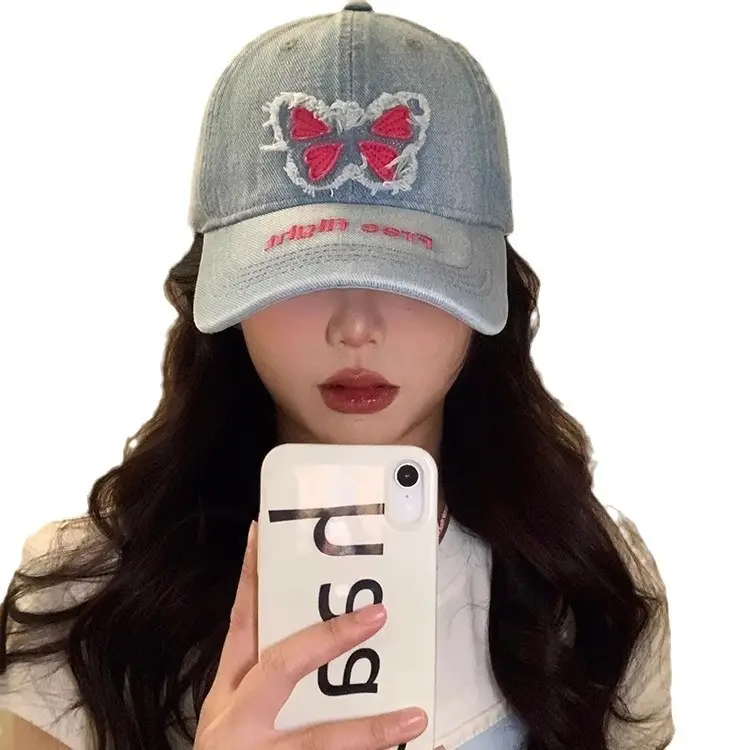 Butterfly Patch Cap Women Wide Brim Wash Denim - Image 11