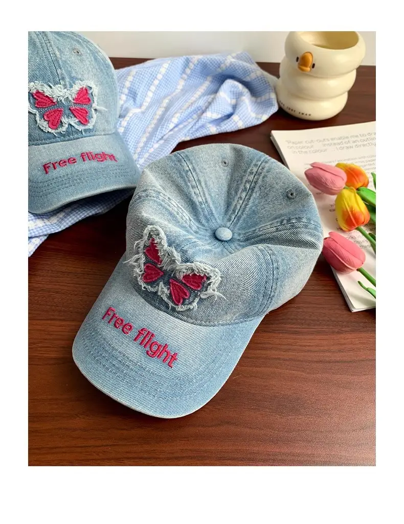 Butterfly Patch Cap Women Wide Brim Wash Denim — feature 10