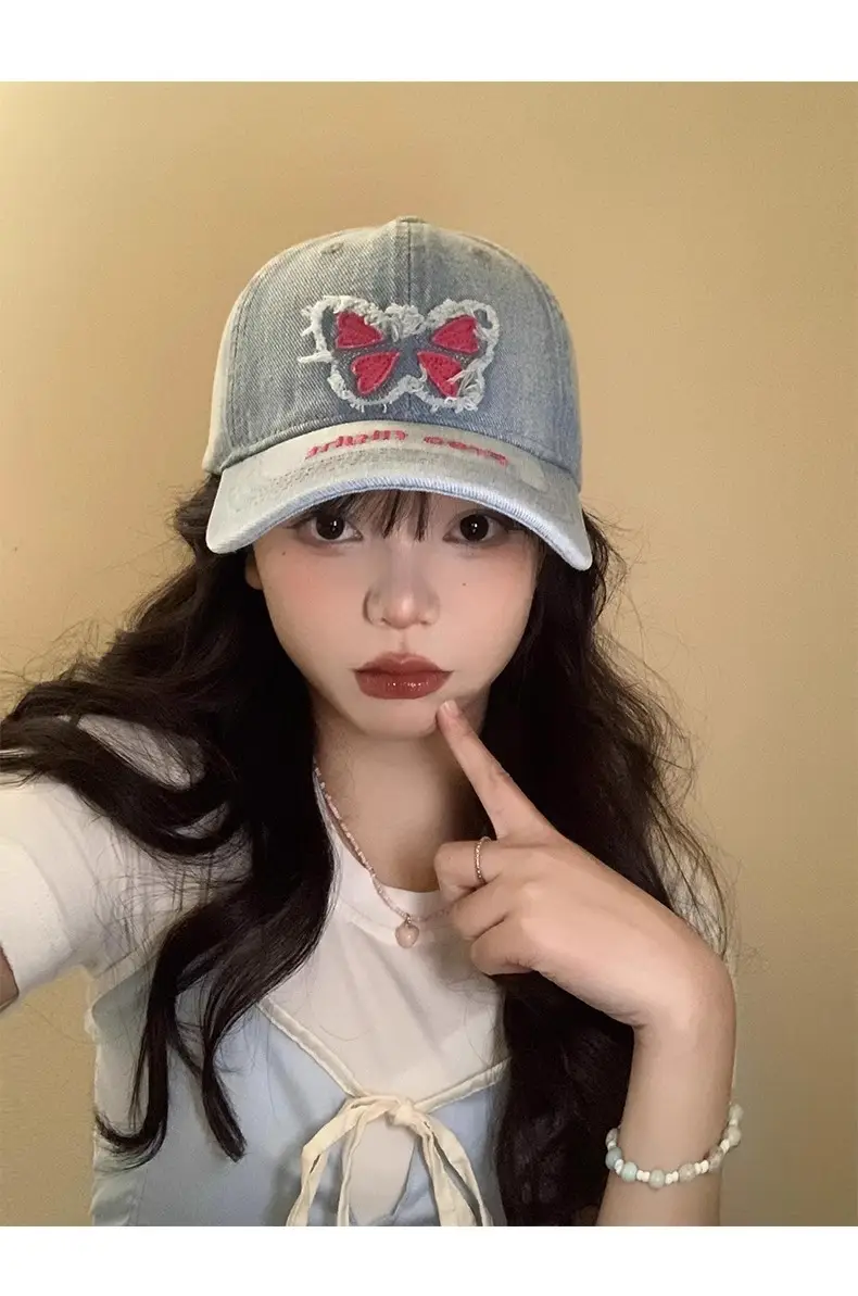Butterfly Patch Cap Women Wide Brim Wash Denim — feature 7