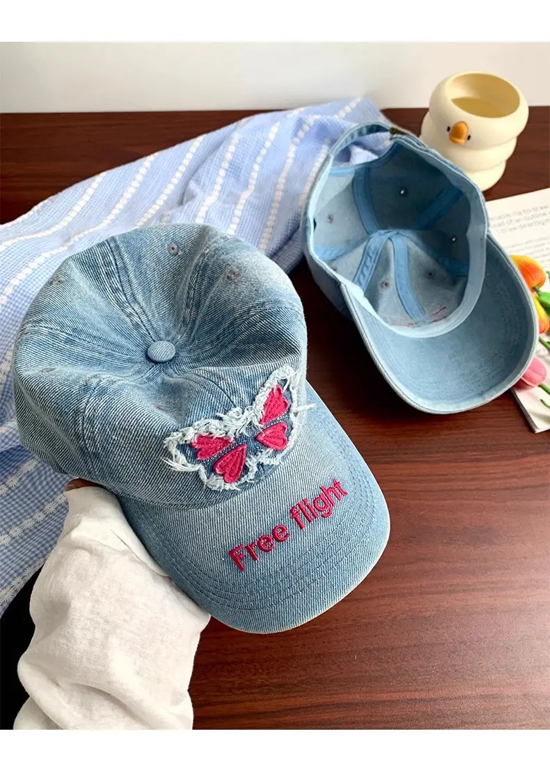 Butterfly Patch Cap Women Wide Brim Wash Denim — feature 9