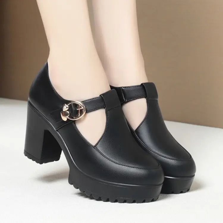 Cheongsam Model Show Shoes Soft Sole Mother High Heels Not Tired Feet Shoes Black Leather Shoes Thick Heel Waterproof Platform Women's Shoes - Image 5