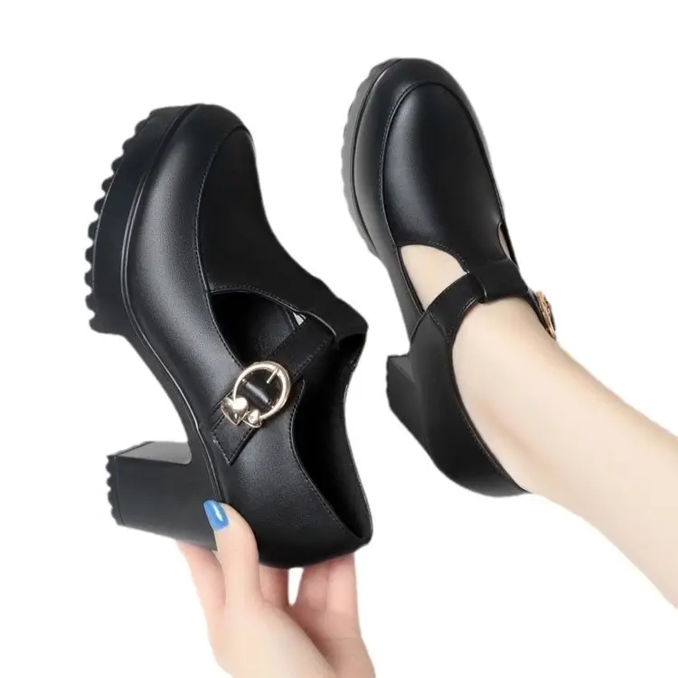 Cheongsam Model Show Shoes Soft Sole Mother High Heels Not Tired Feet Shoes Black Leather Shoes Thick Heel Waterproof Platform Women's Shoes - Image 6