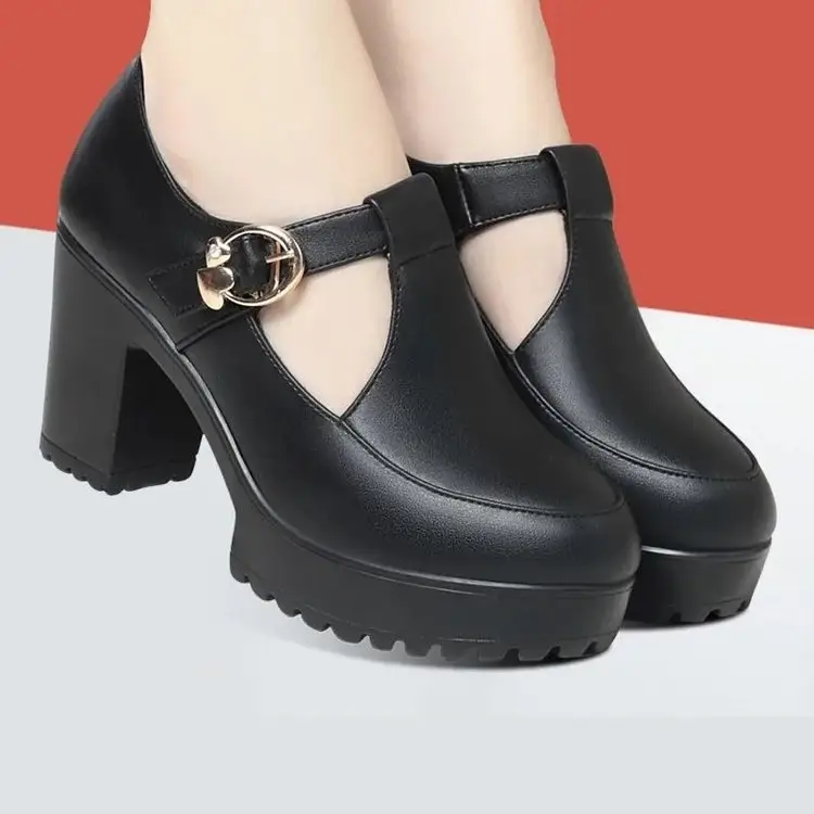 Cheongsam Model Show Shoes Soft Sole Mother High Heels Not Tired Feet Shoes Black Leather Shoes Thick Heel Waterproof Platform Women's Shoes — feature 1