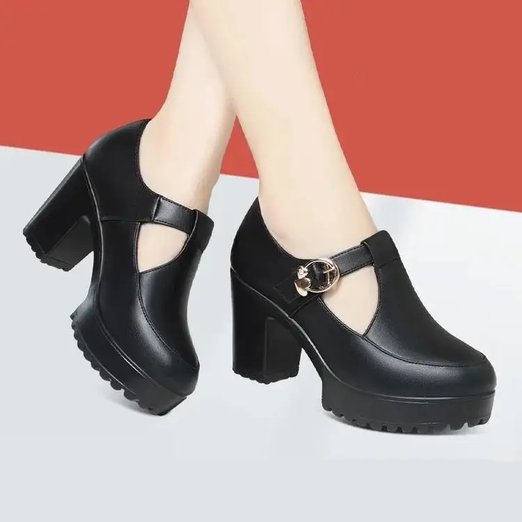 Cheongsam Model Show Shoes Soft Sole Mother High Heels Not Tired Feet Shoes Black Leather Shoes Thick Heel Waterproof Platform Women's Shoes — feature 2