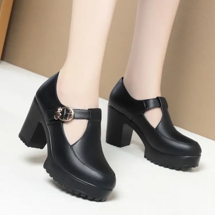 Cheongsam Model Show Shoes Soft Sole Mother High Heels Not Tired Feet Shoes Black Leather Shoes Thick Heel Waterproof Platform Women's Shoes — feature 4