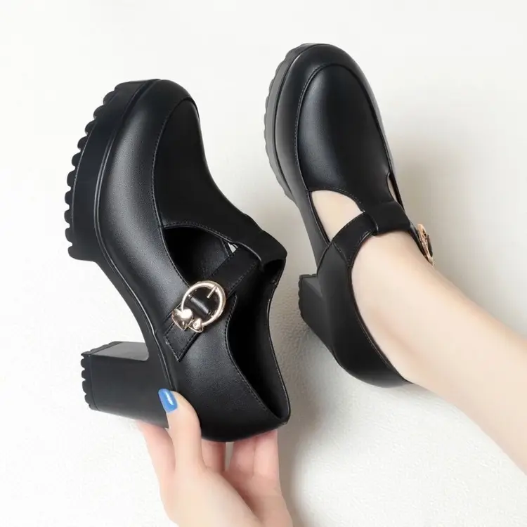 Cheongsam Model Show Shoes Soft Sole Mother High Heels Not Tired Feet Shoes Black Leather Shoes Thick Heel Waterproof Platform Women's Shoes — feature 5