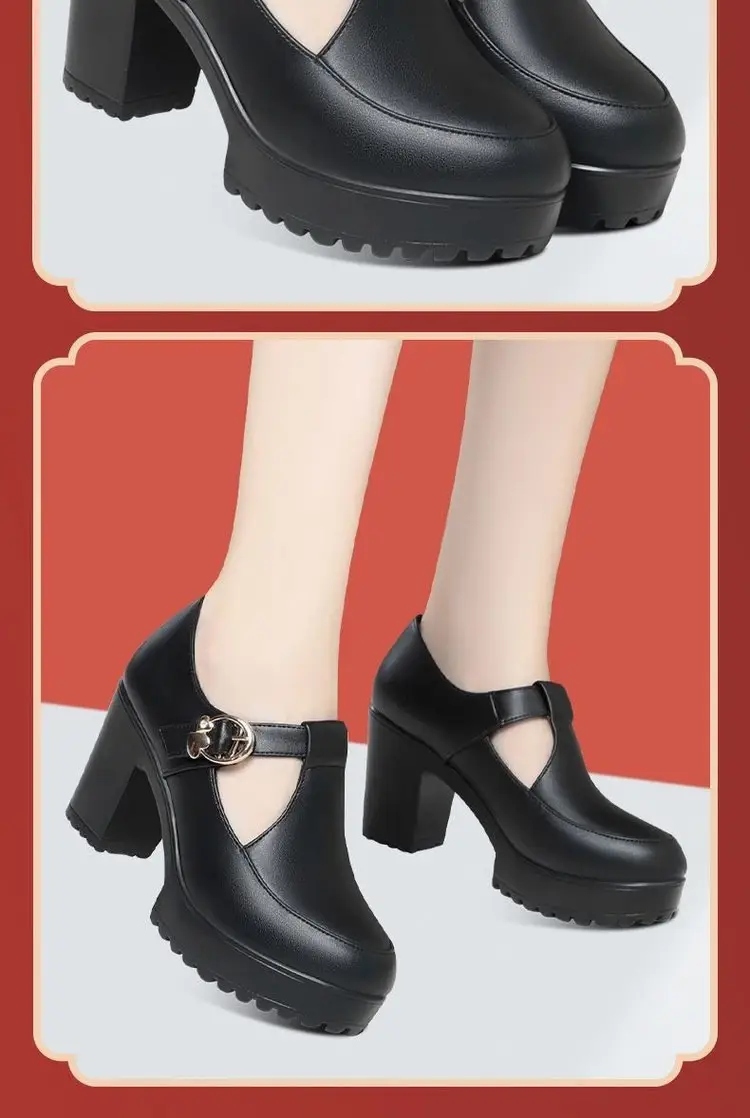 Cheongsam Model Show Shoes Soft Sole Mother High Heels Not Tired Feet Shoes Black Leather Shoes Thick Heel Waterproof Platform Women's Shoes — feature 6
