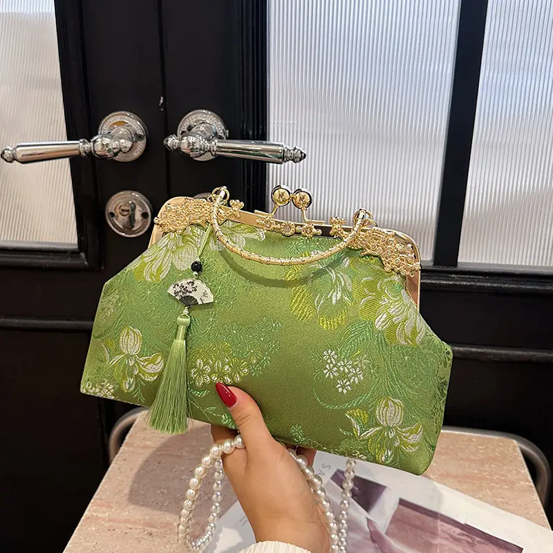 Green Embroidered Tassel Handbag for Women