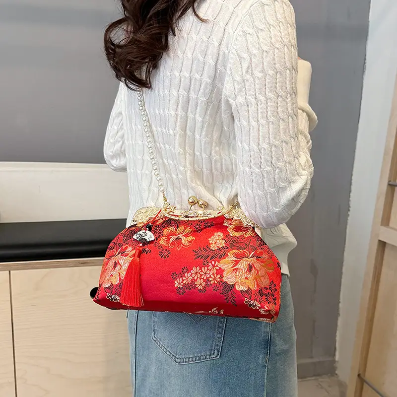 Green Embroidered Tassel Handbag for Women