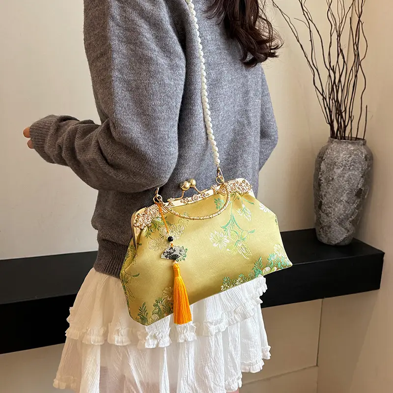 Green Embroidered Tassel Handbag for Women