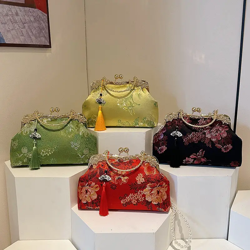 Green Embroidered Tassel Handbag for Women