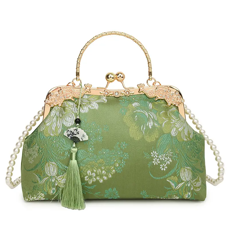 Green Embroidered Tassel Handbag for Women
