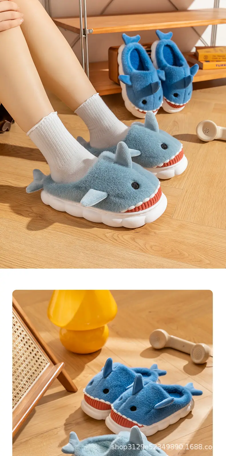 Cotton Slippers Women's Winter Cyber Celebrated Three-dimensional Shark Cartoon Cute fleece-lined Thickened Non-slip Silent Home Warm Cotton Shoes — feature 8