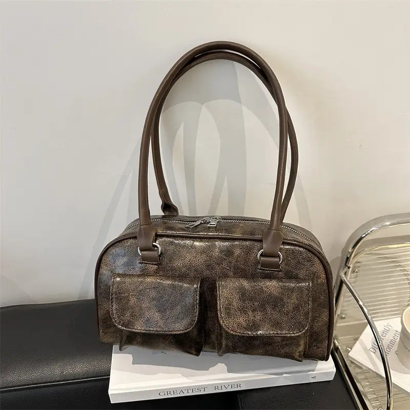 Vintage Brown Women's Shoulder Bag with 3 Pockets - Image 4
