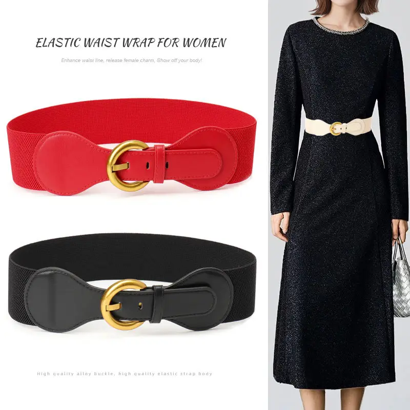 Women's Elastic Belt with Gold Buckle Black & White - Image 6