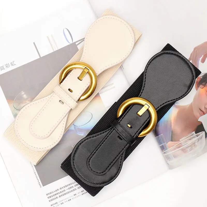 Women's Elastic Belt with Gold Buckle Black & White - Image 7