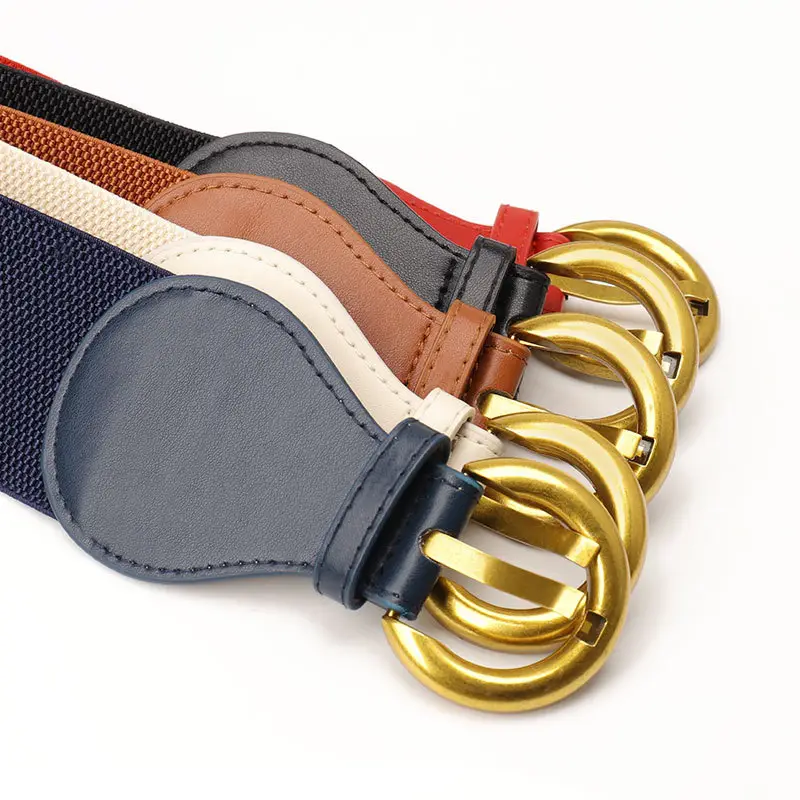 Women's Elastic Belt with Gold Buckle Black & White - Image 8