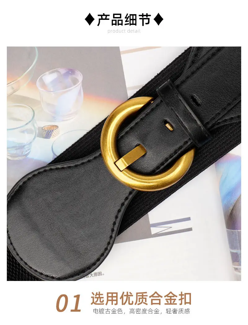 Women's Elastic Belt with Gold Buckle Black & White — feature 11