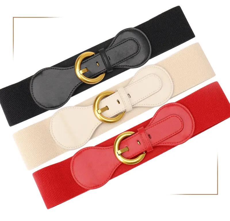 Women's Elastic Belt with Gold Buckle Black & White — feature 16