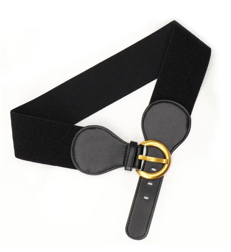 Women's Elastic Belt with Gold Buckle Black & White — feature 17