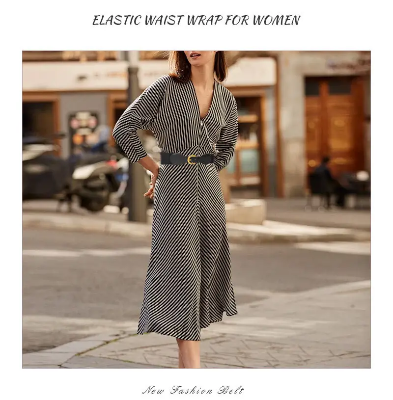 Women's Elastic Belt with Gold Buckle Black & White — feature 5